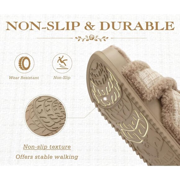 Women's Light Brown Fuzzy Furry Faux Fur Cross Band Arch Open Slippers Shoes - Picture 7 of 8